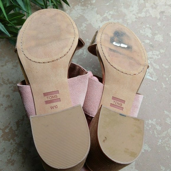 TOMS Poppy Metallic Sandals Size 10 Pink Rose Gold Strappy Block Heel Suede - Picture 8 of 8